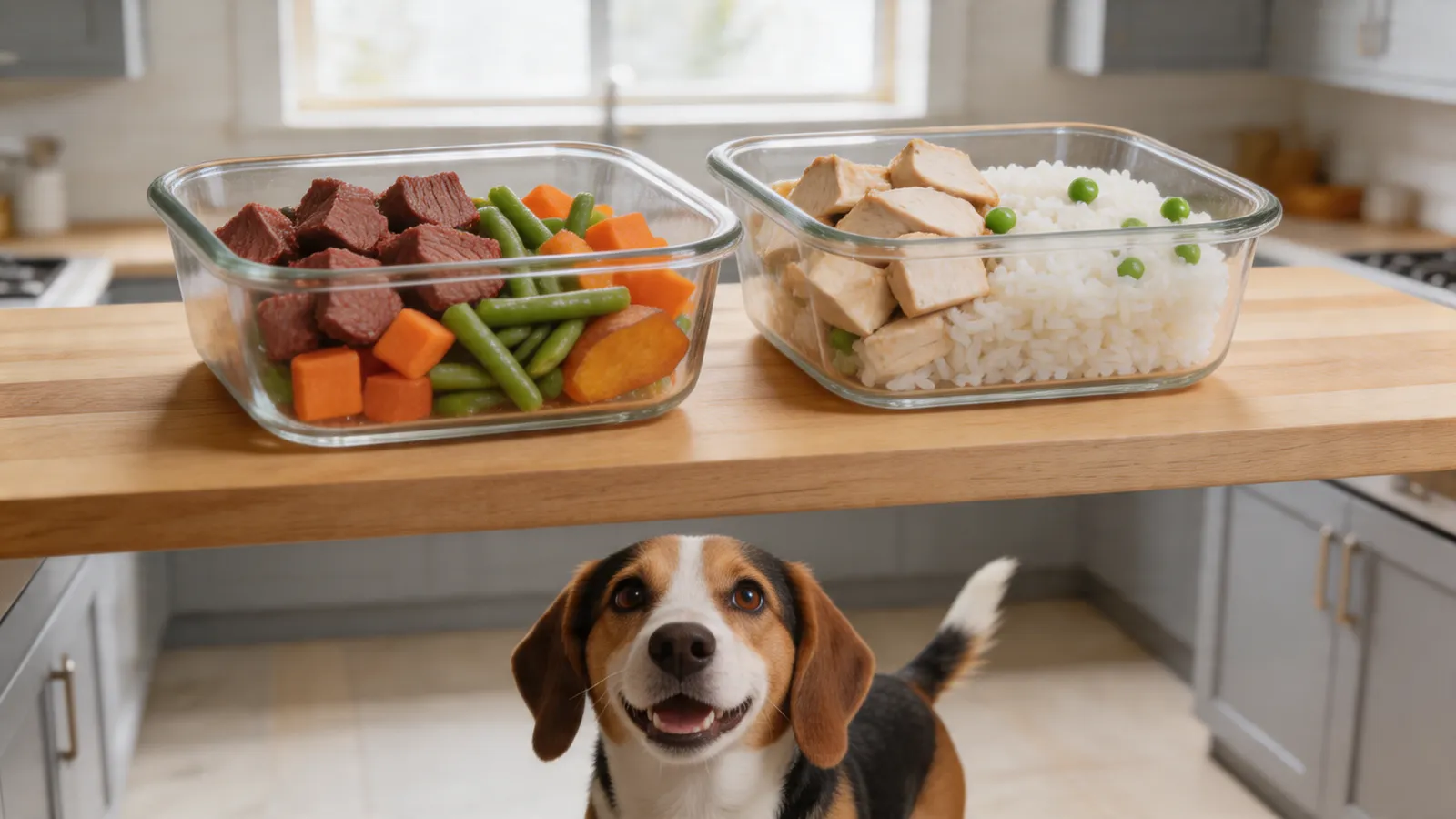 Two fresh dog food containers side by side on a kitchen counter