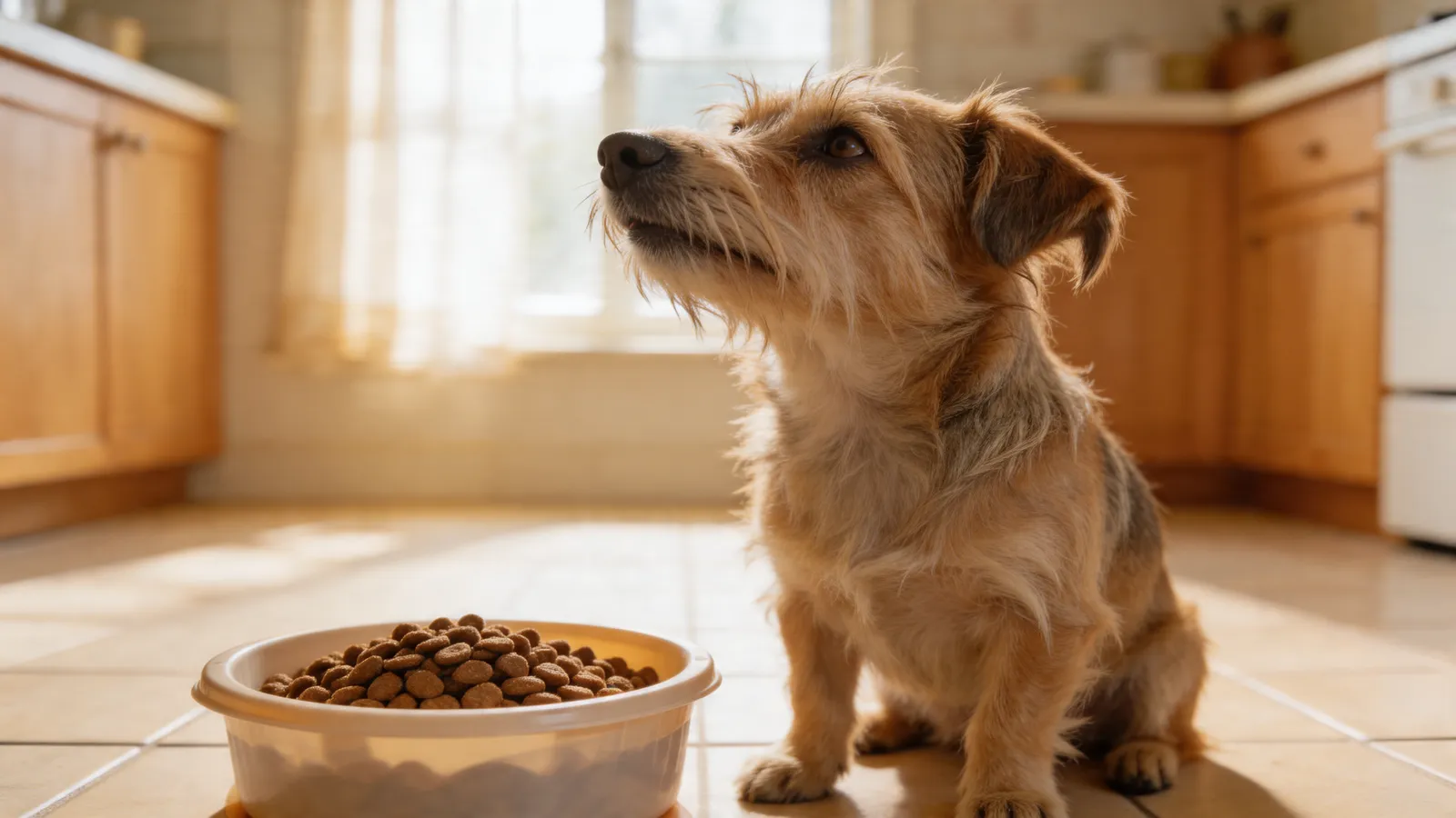 Small terrier turning away from a bowl of food