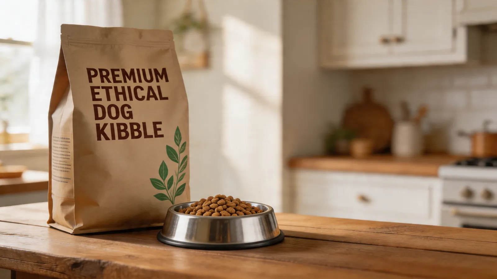 Bag of premium kibble and a bowl on a rustic wooden counter