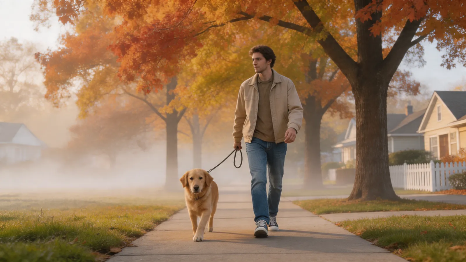 Person walking a calm dog on a loose leash