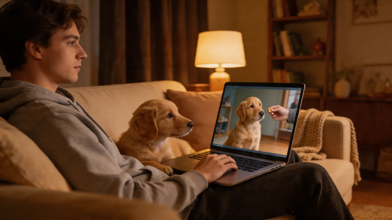 Person watching a training video with a puppy