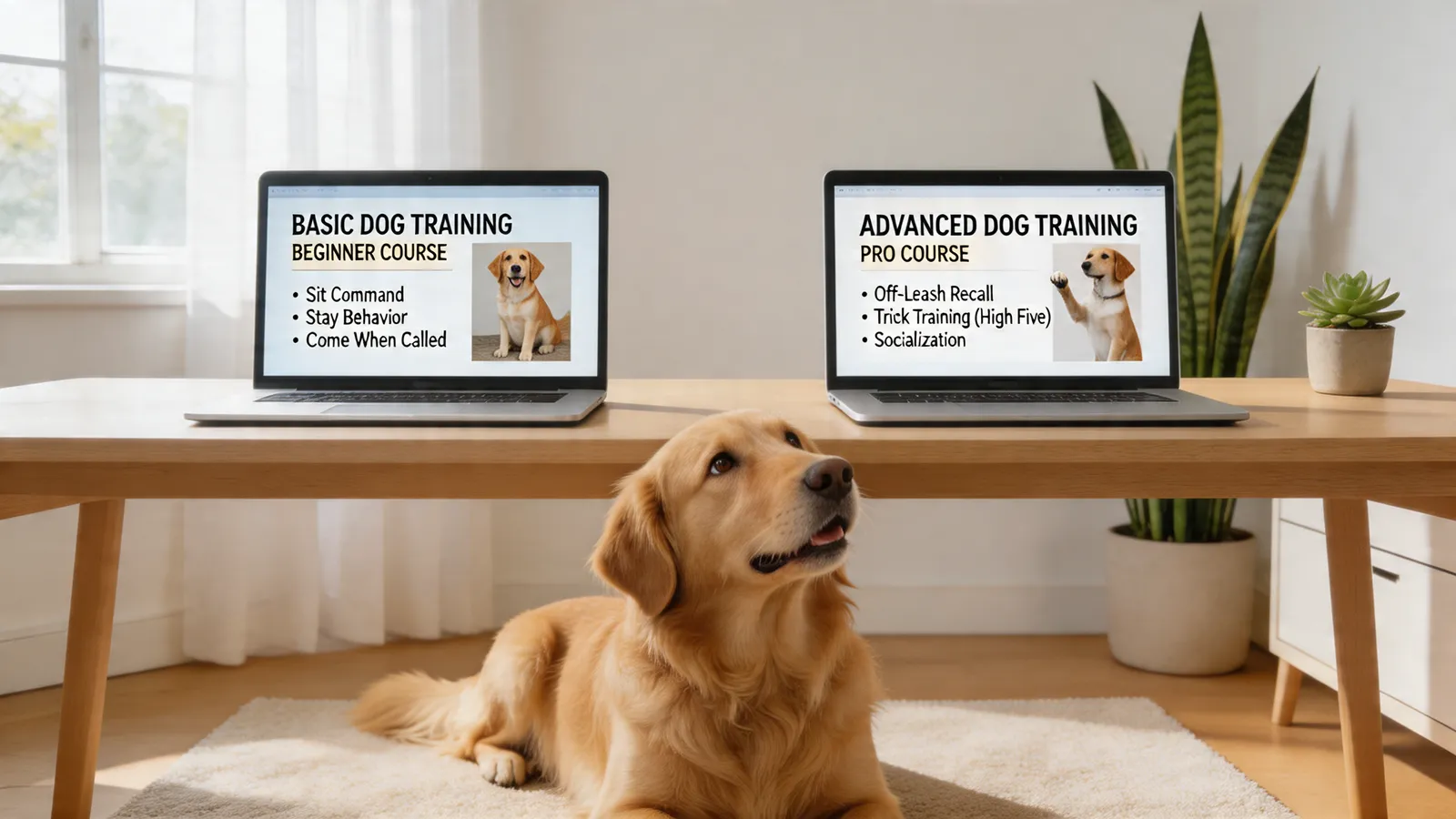 Two laptops showing different training courses