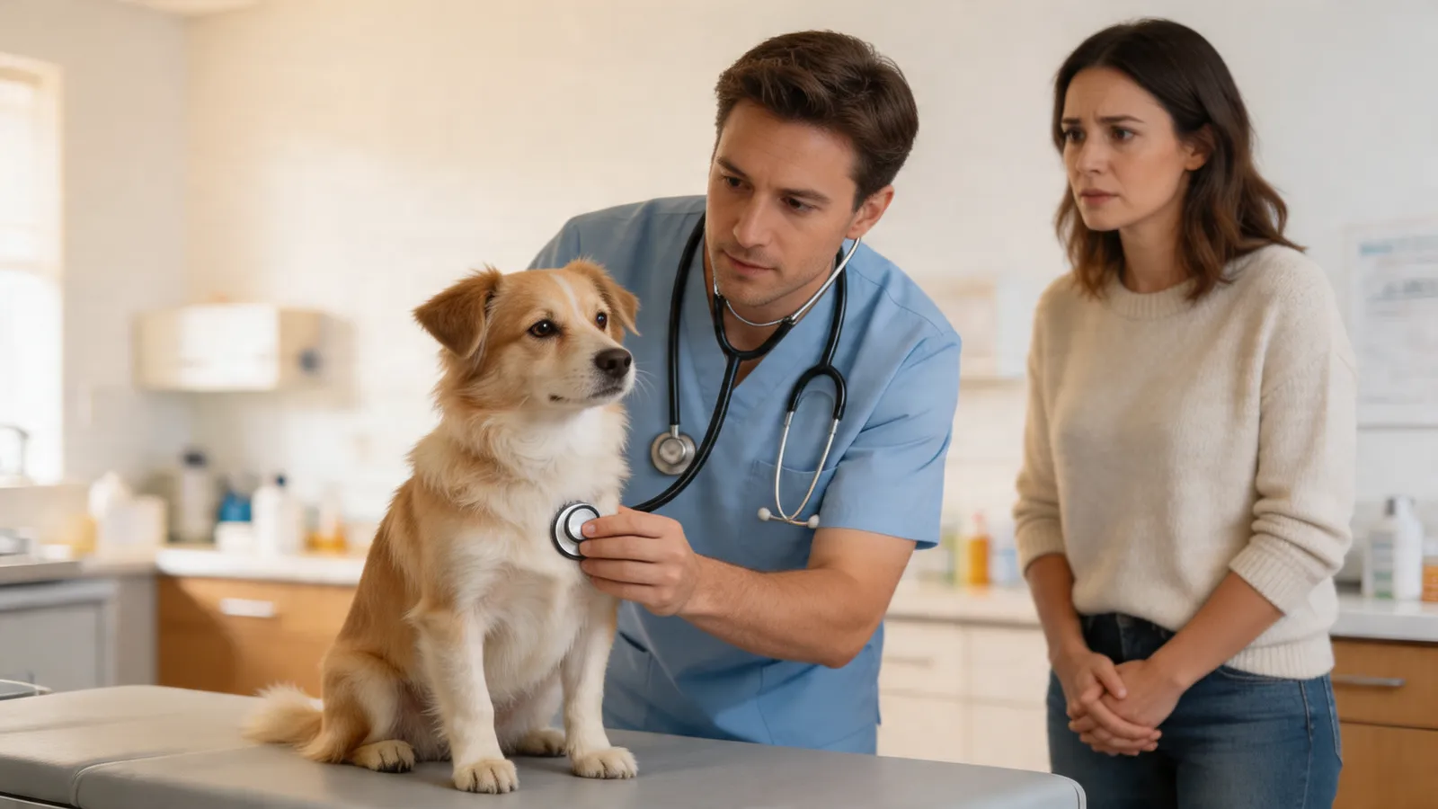 Veterinarian examining a dog with owner nearby