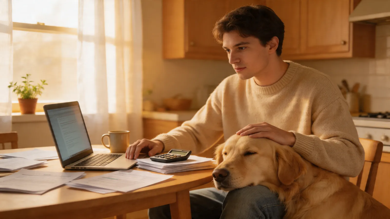 Person at a kitchen table with a laptop and a dog