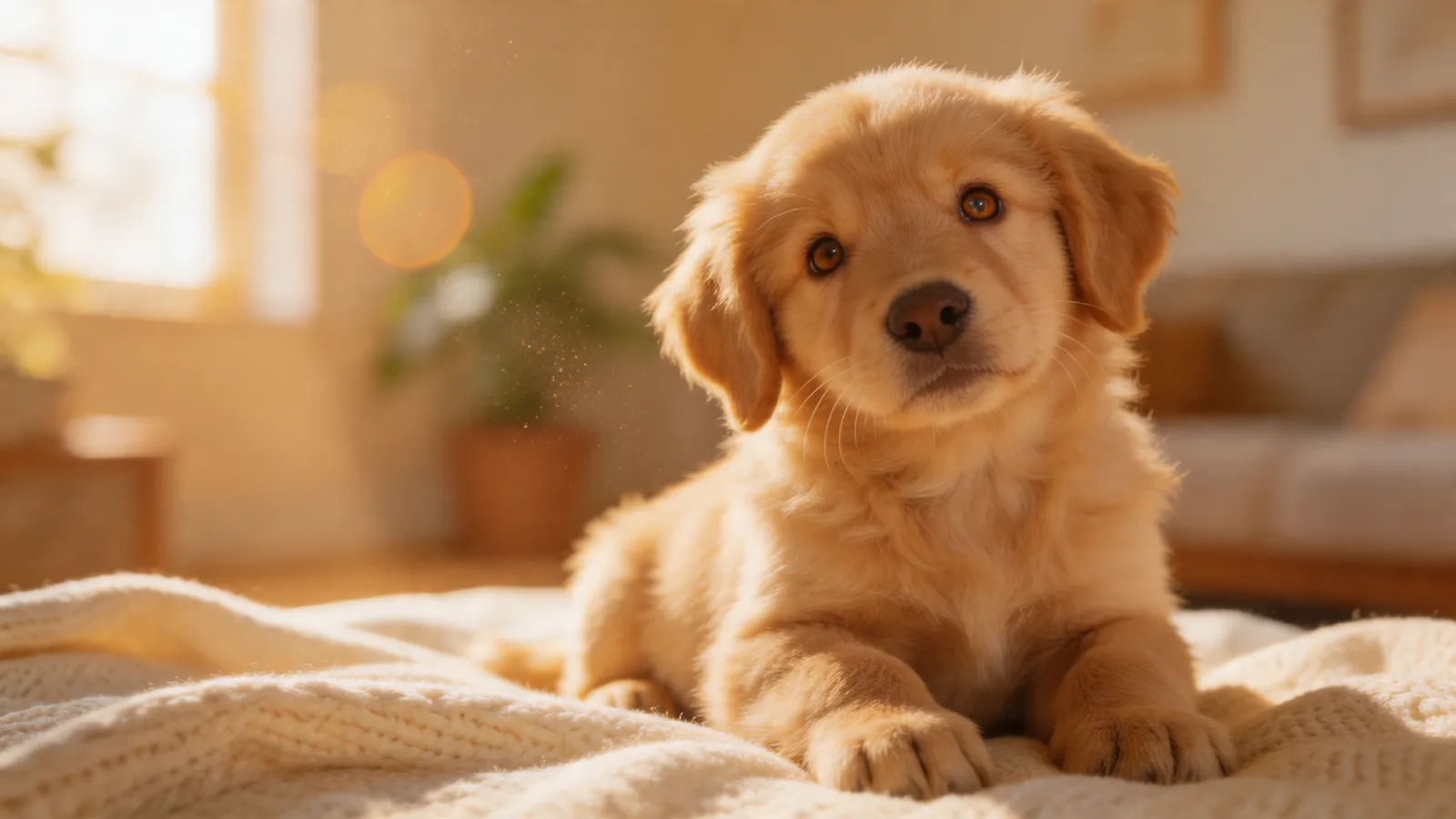 Golden retriever puppy on a blanket