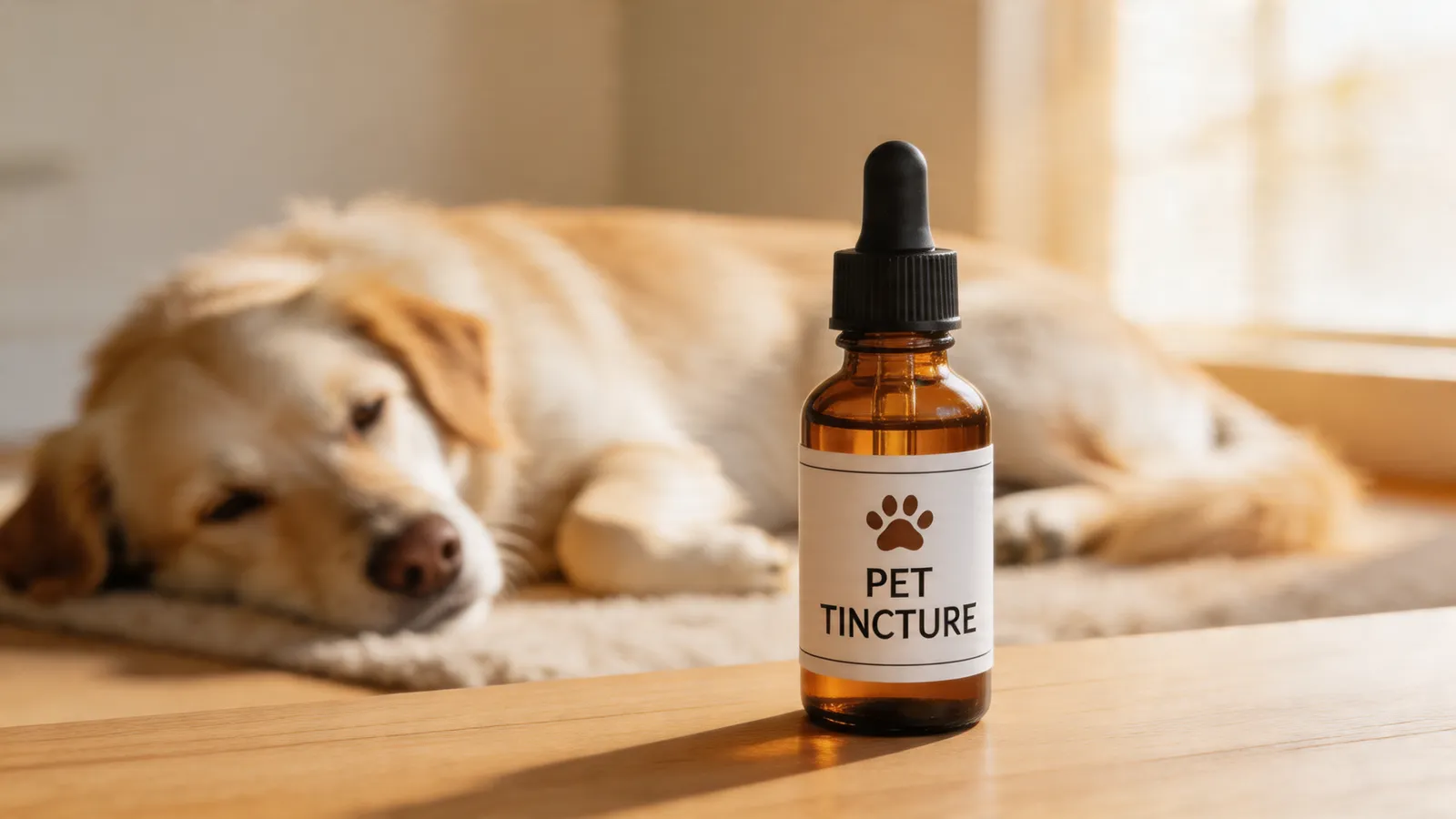 Amber dropper bottle with calm dog in background