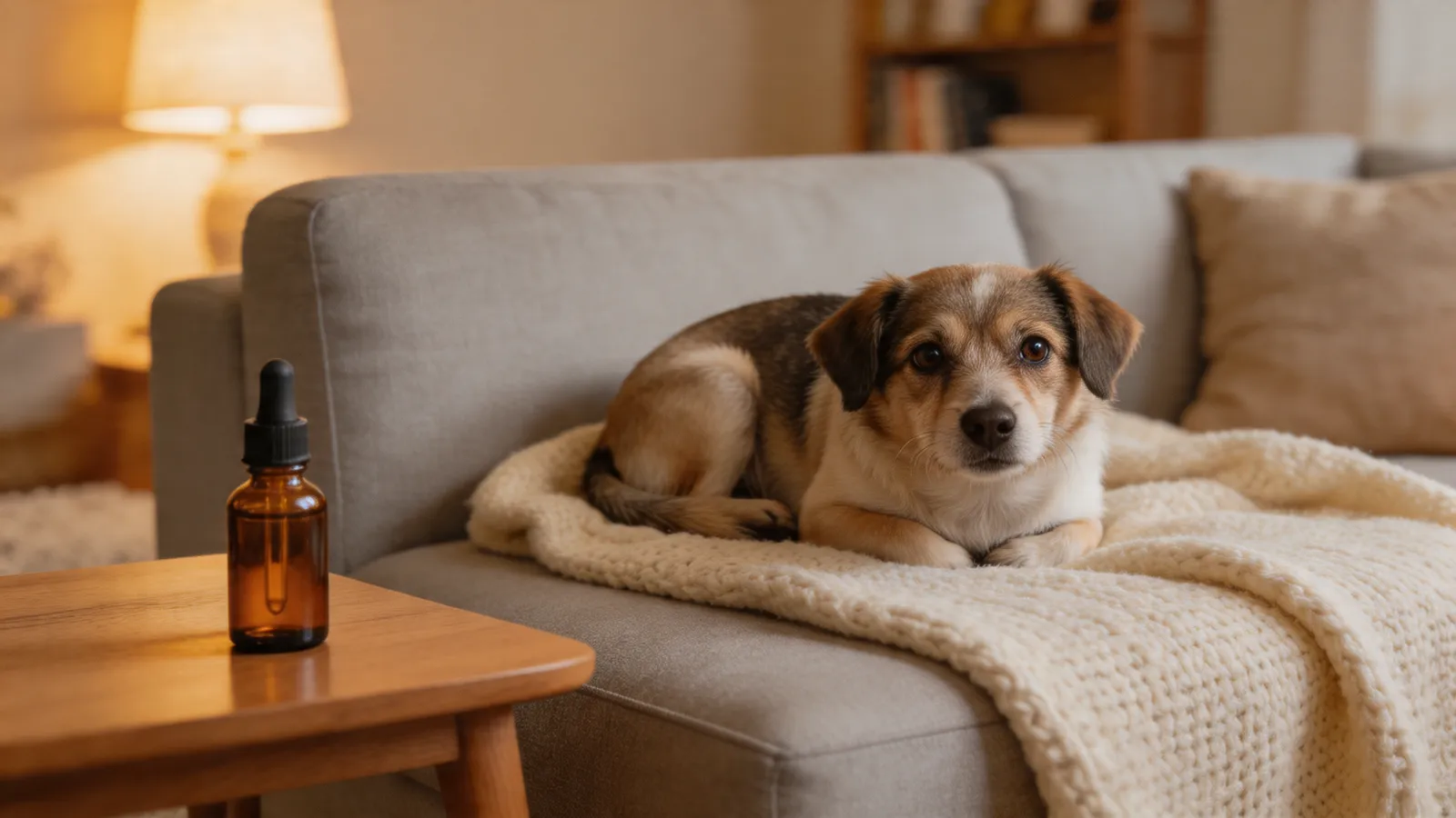 Anxious rescue dog on a blanket