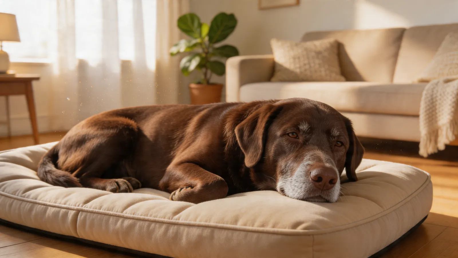 Senior chocolate lab on an orthopedic bed