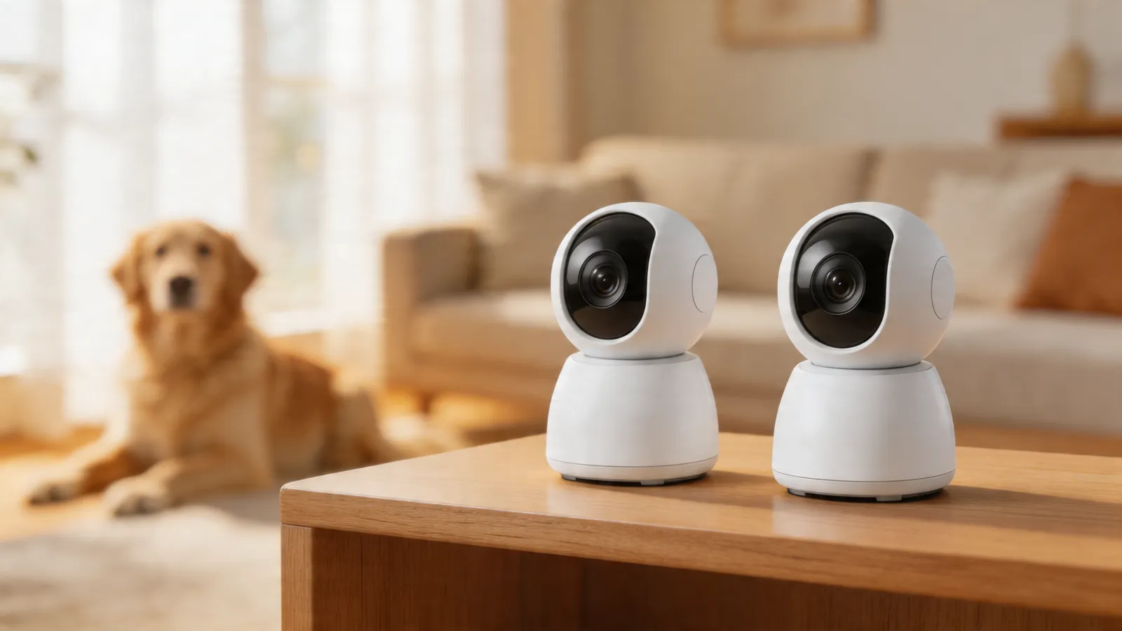 Two pet cameras side by side on a shelf