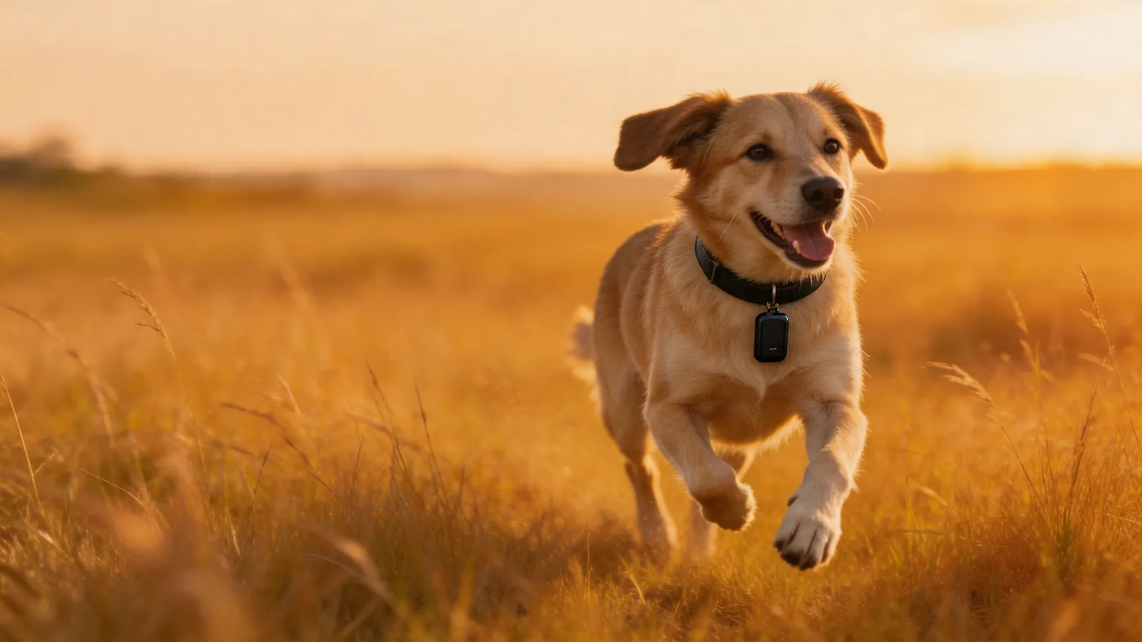 Dog running with a GPS collar through tall grass