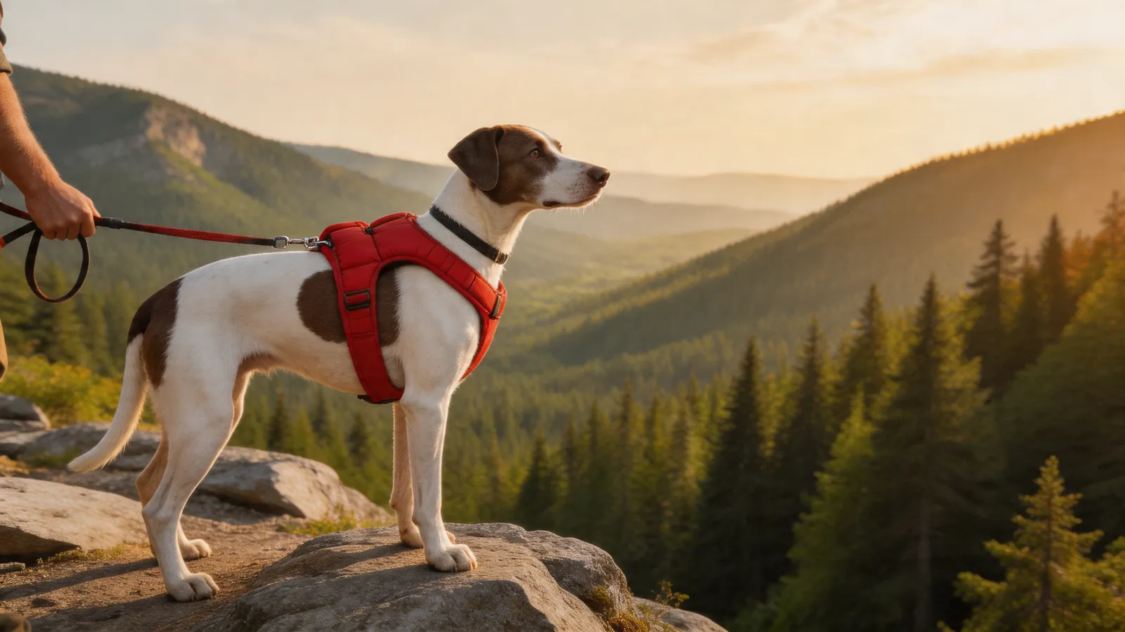 Pointer wearing a red harness on a mountain trail