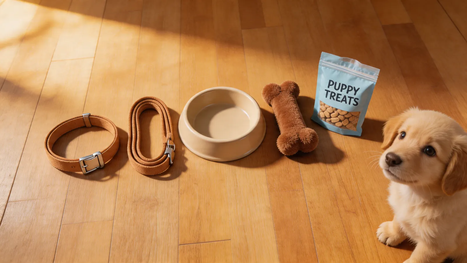 Flat lay of puppy essentials on a wooden floor