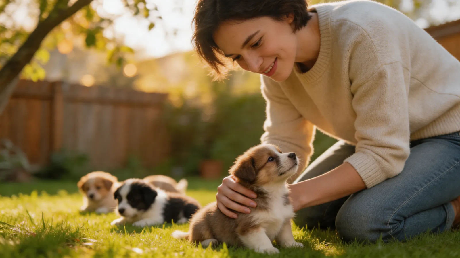 Person with a litter of mixed breed puppies on grass