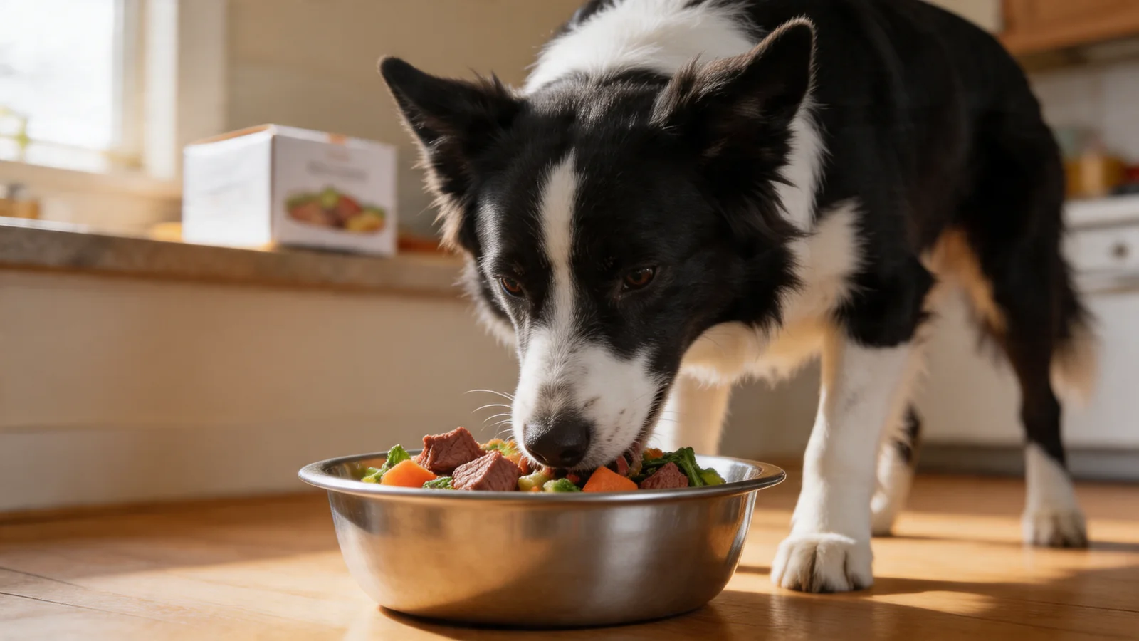 Border collie mix eating fresh food from a stainless steel bowl