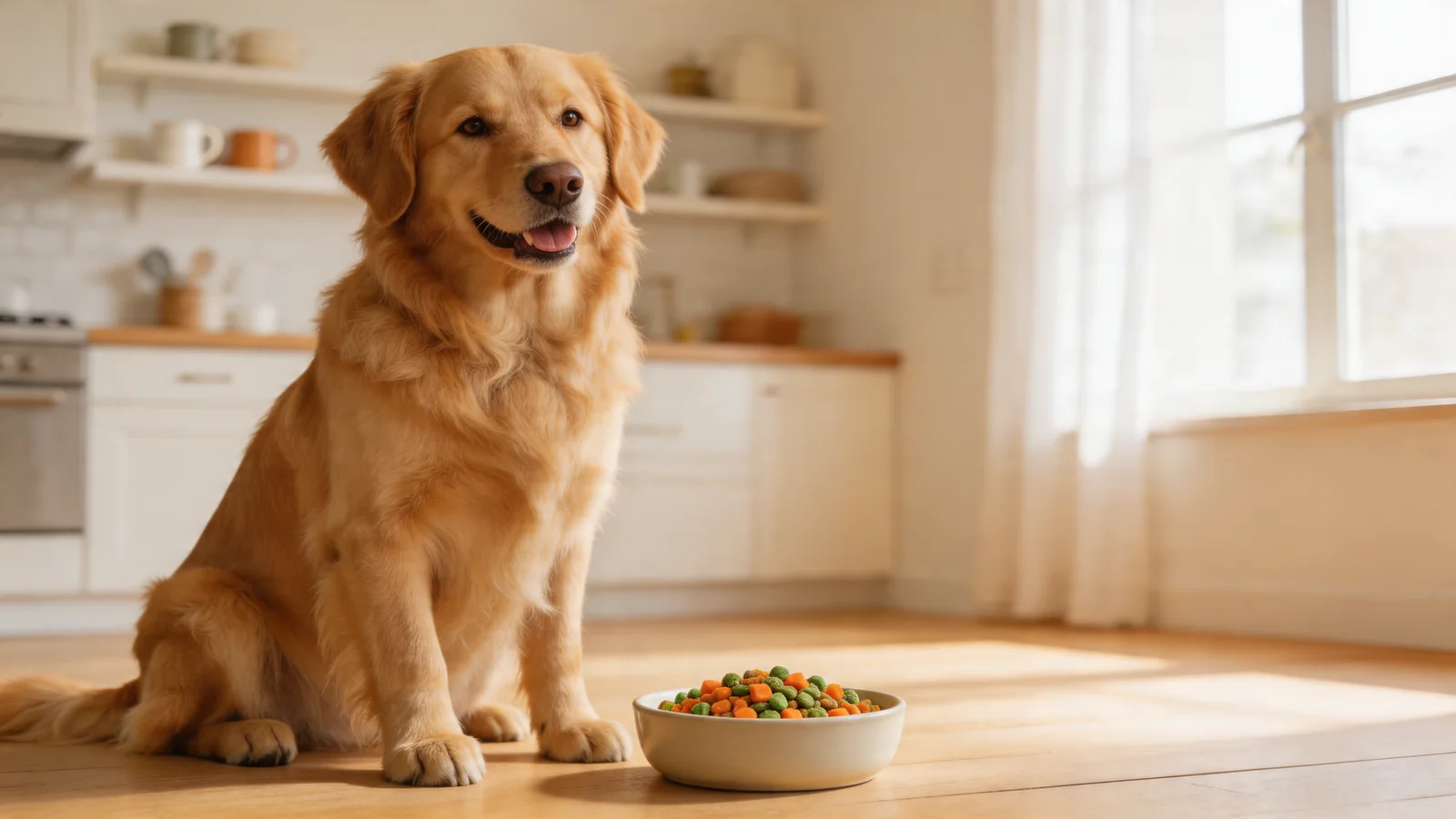 Golden retriever next to a bowl of fresh dog food