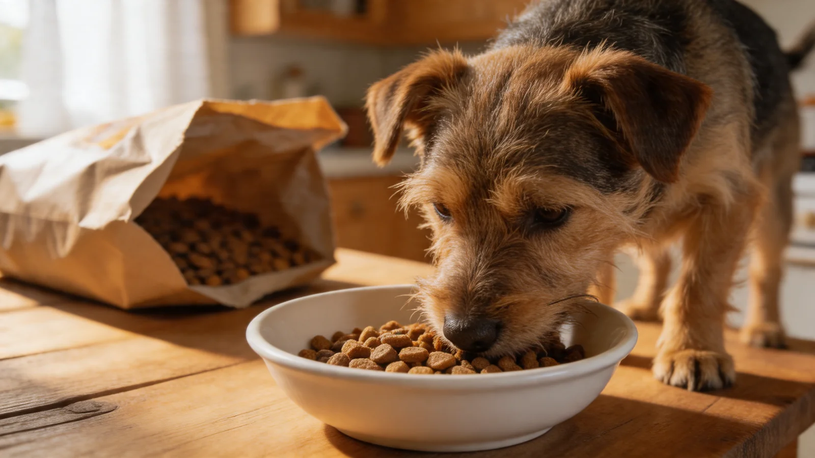 Terrier eating dehydrated dog food from a bowl