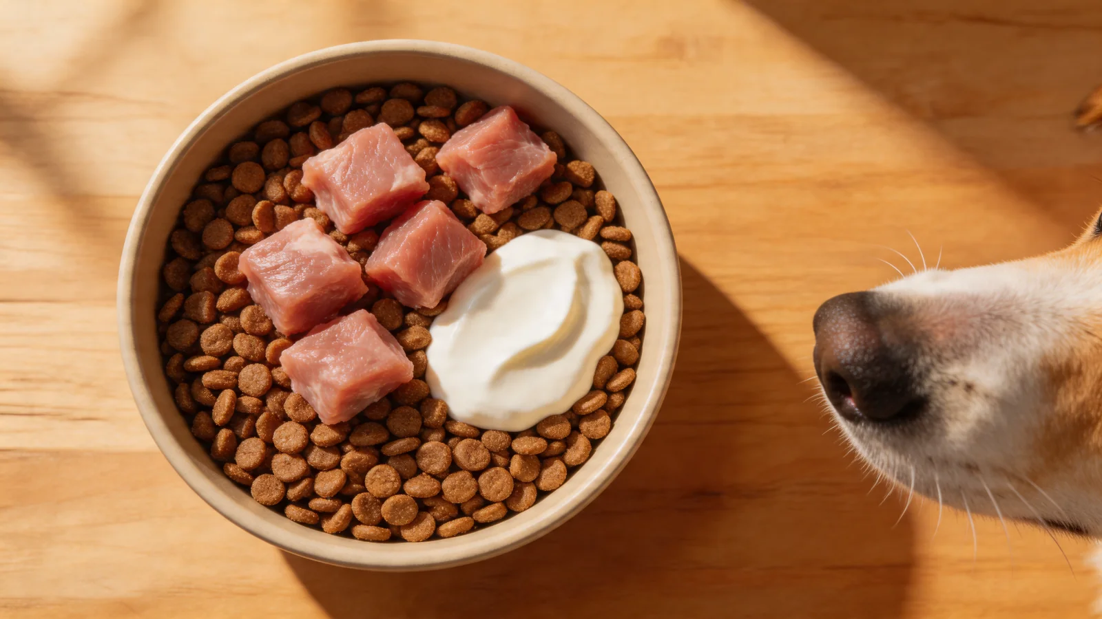 Bowl of kibble topped with fresh meat and yogurt