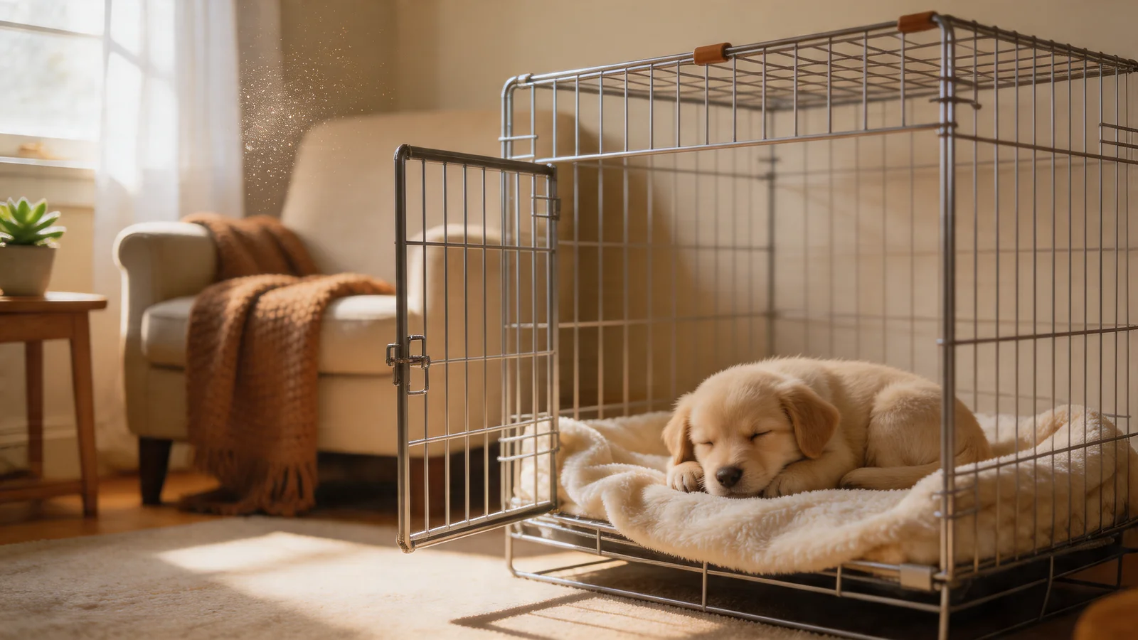 Puppy napping in an open crate