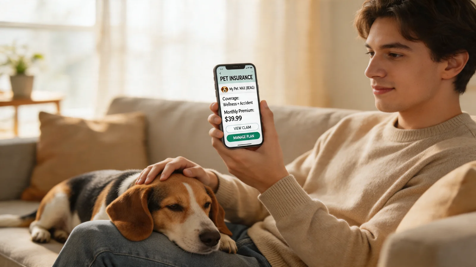 Person with a pet insurance app and a calm beagle