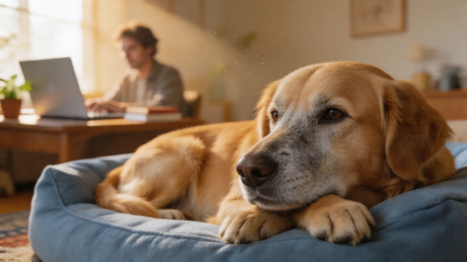 Senior golden retriever on a blue dog bed