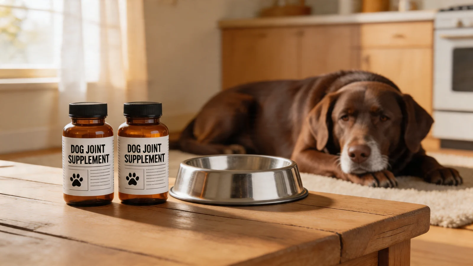 Joint supplement bottles with a senior labrador