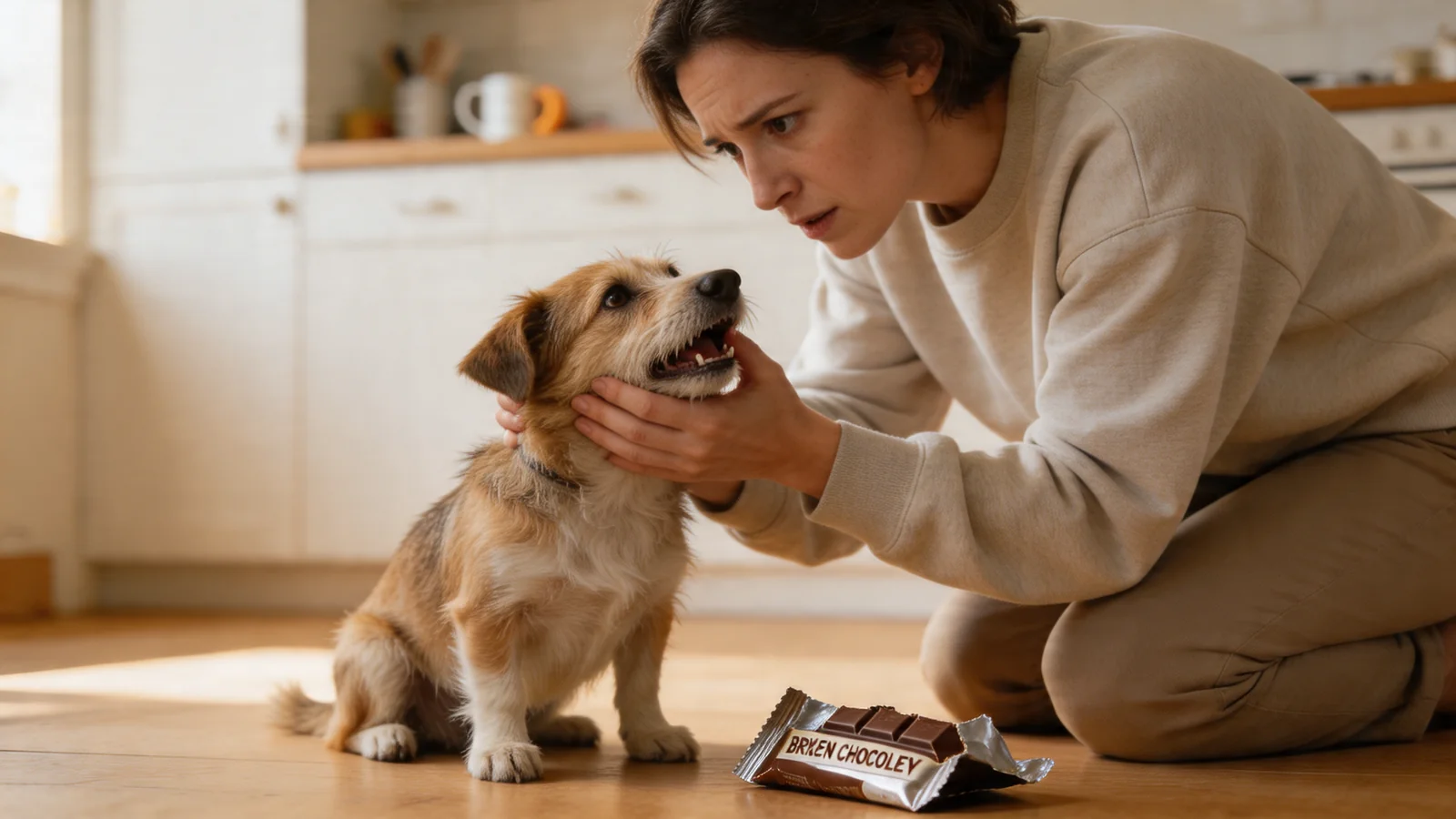Pet parent kneeling next to dog on kitchen floor