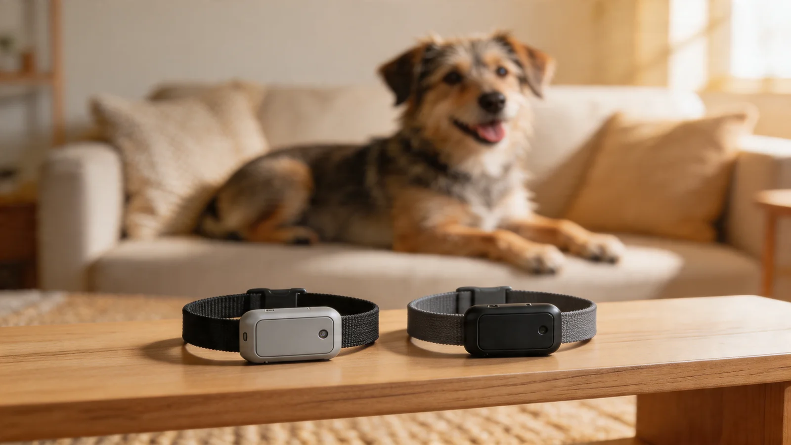 Two GPS trackers on a wooden shelf