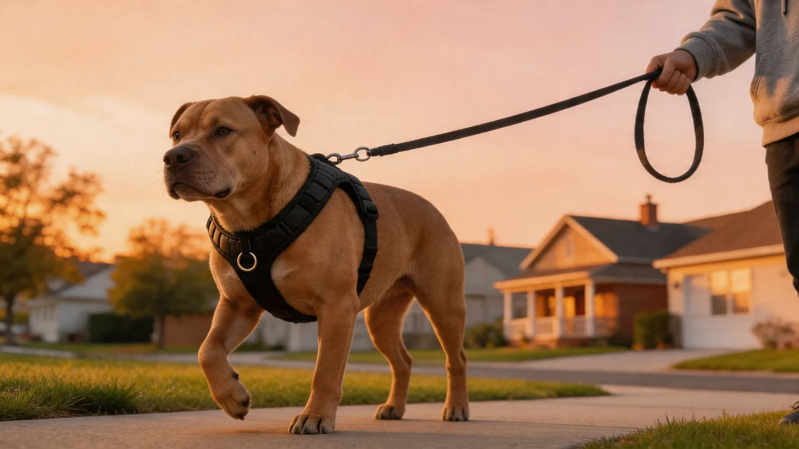 Pitbull mix walking calmly in a padded harness