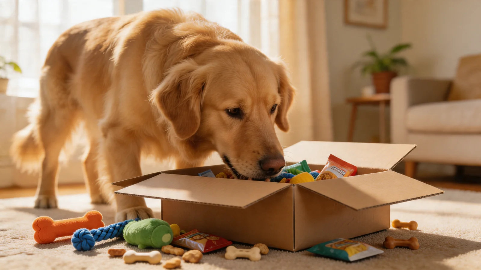 Dog investigating a subscription box full of toys