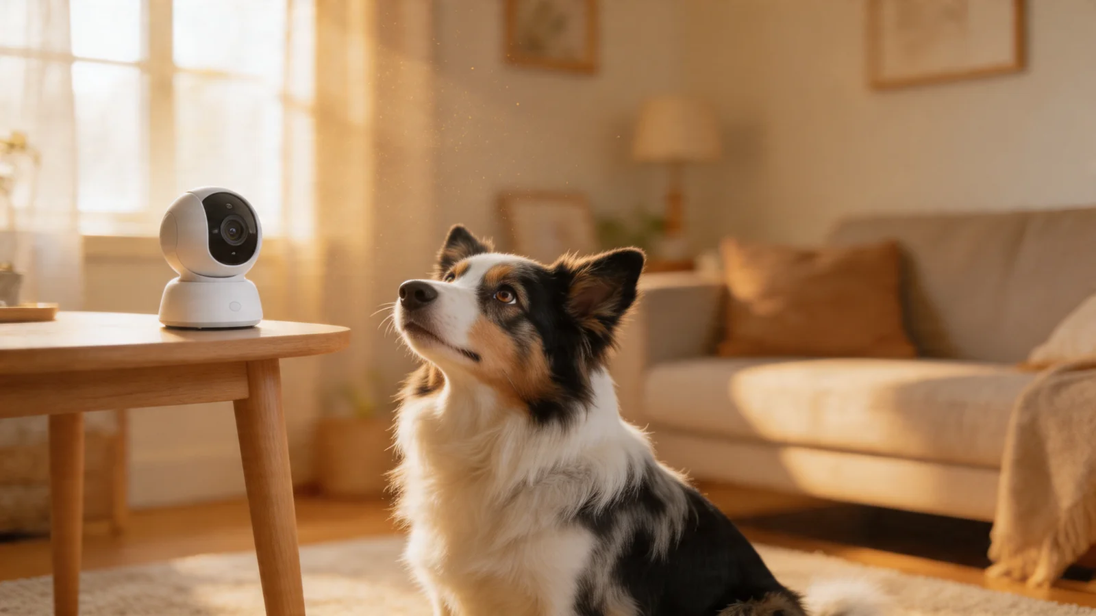 Small pet camera on a side table with a dog nearby