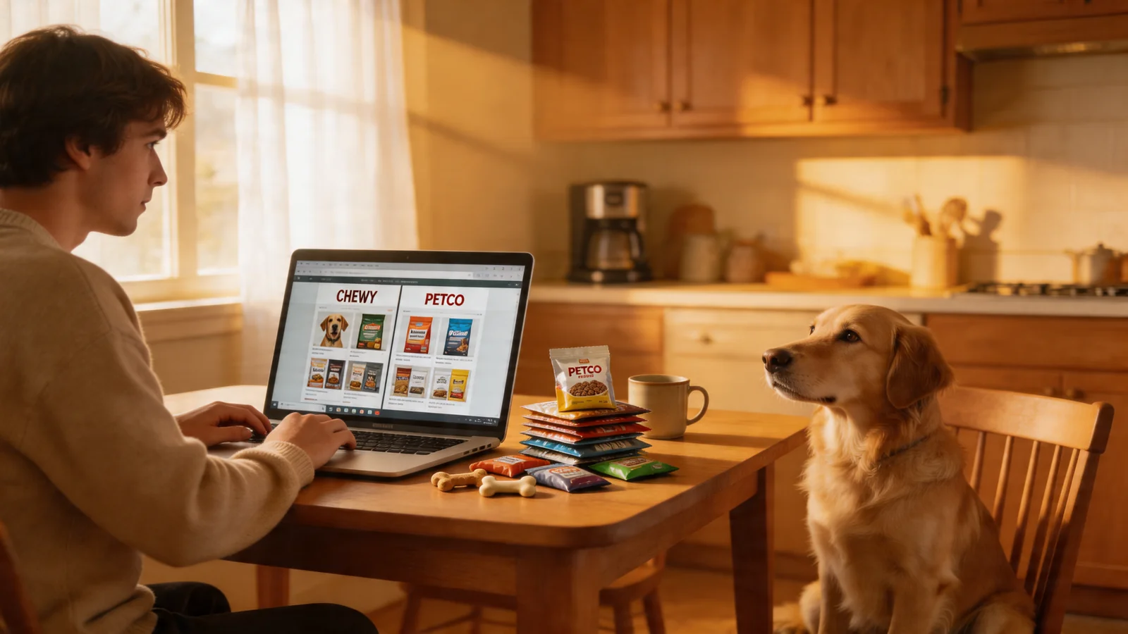 Person comparing online pet shops with a dog nearby