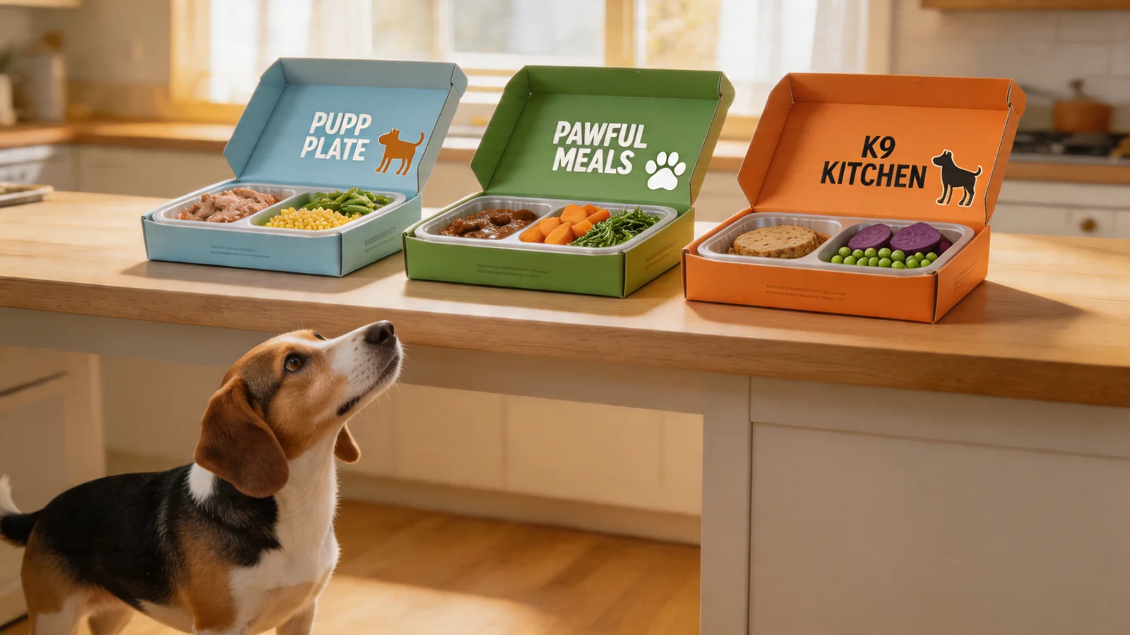 Three subscription dog food deliveries on a kitchen counter