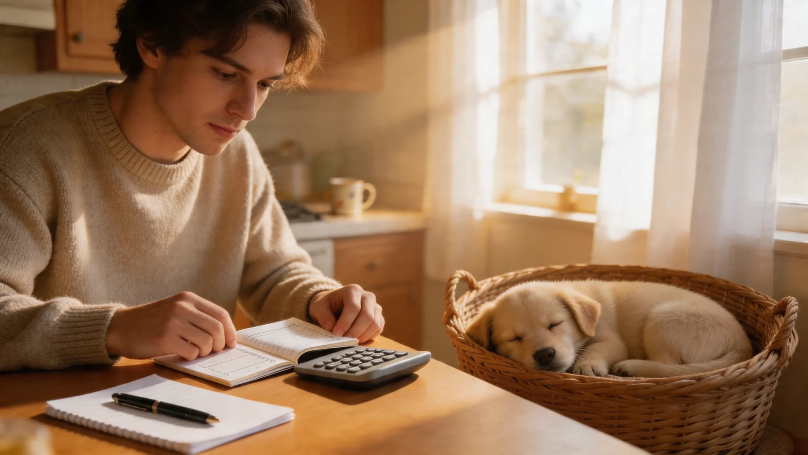 Person with calculator and a sleeping puppy nearby