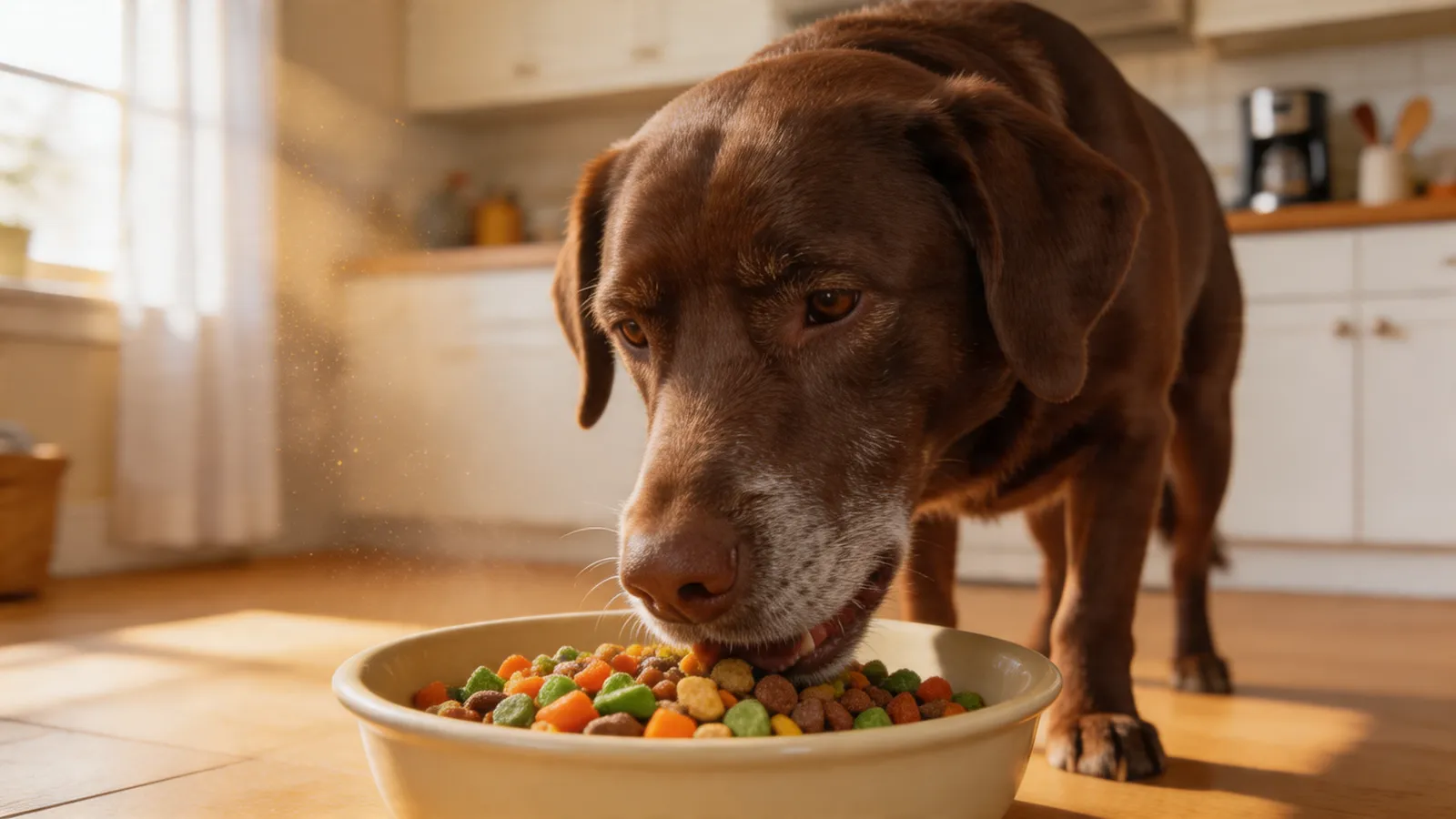 An 11-year-old chocolate labrador eating fresh dog food in a sunlit kitchen