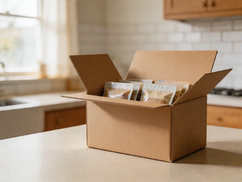 Ollie fresh food delivery box opened on a kitchen counter