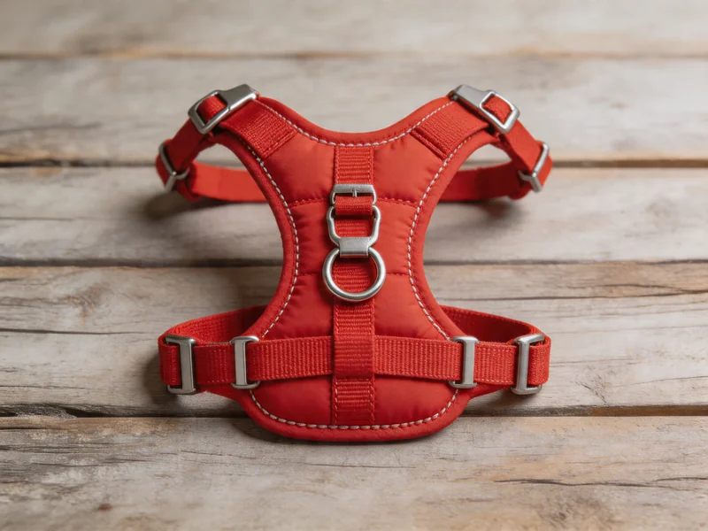 Red Ruffwear harness laid flat on a wooden surface